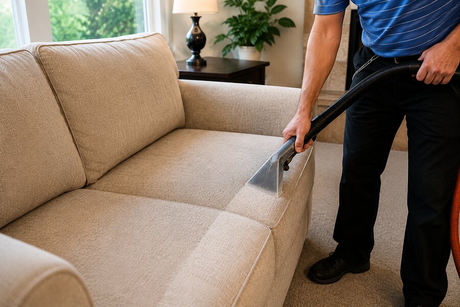 STA-FRESH technician steam cleaning a fabric sofa