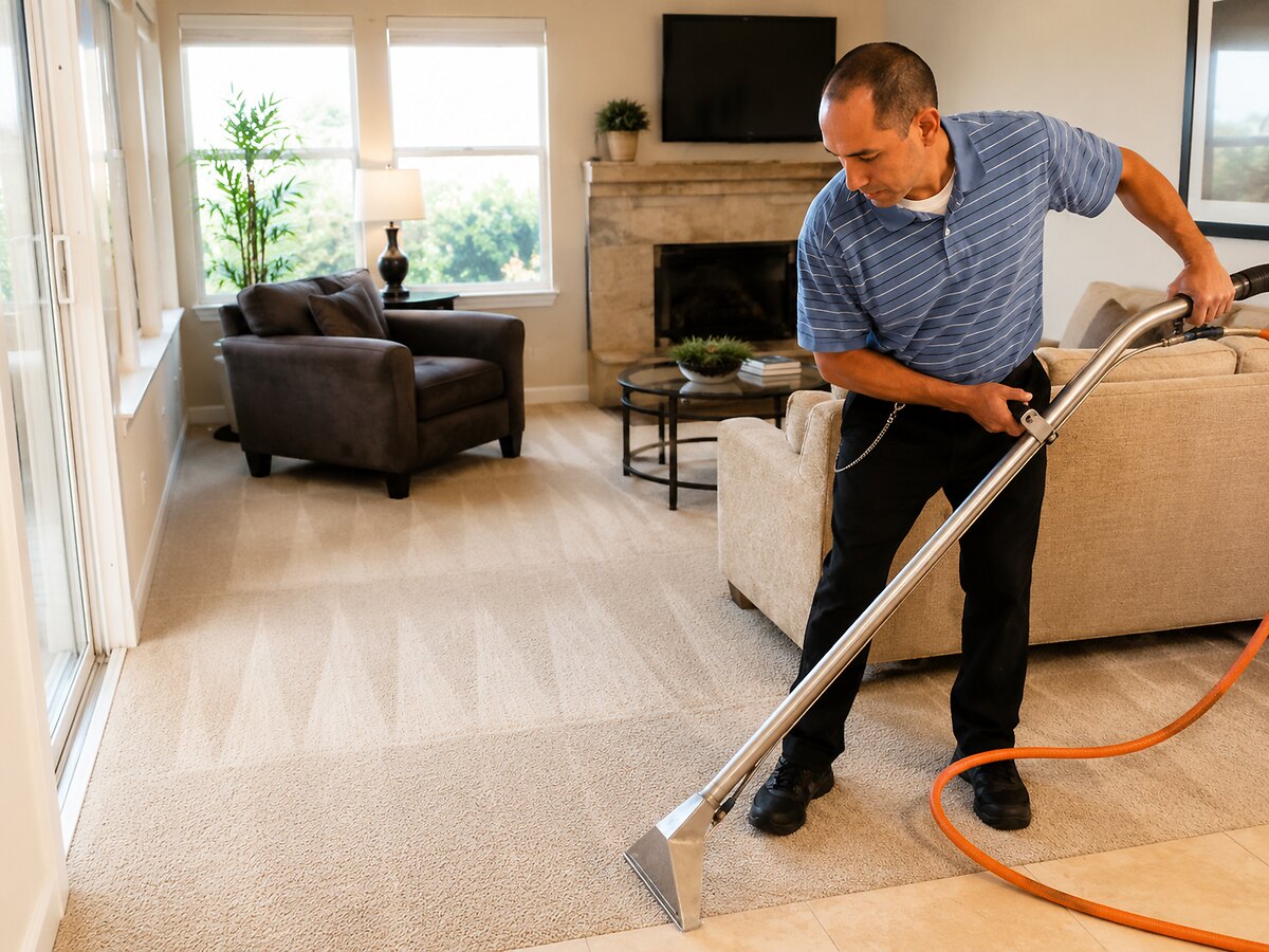 A STA-FRESH technician steam cleaning carpet in a bright San Diego living room