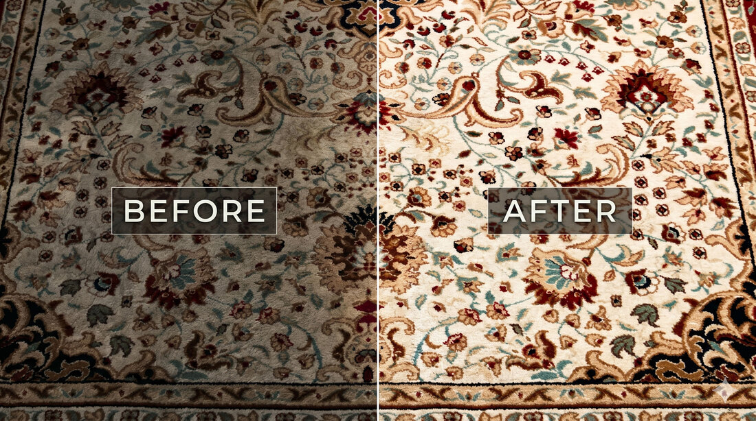The same area rug before and after cleaning by STA-FRESH